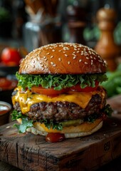 Cheeseburger - Juicy burger with melted cheese, lettuce, tomato, and a sesame seed bun