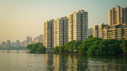 Fototapeta premium Urbanization Along Riverbanks: Photograph urban sprawl encroaching on riverbanks, with concrete structures and buildings lining the waterfront and diminishing the natural beauty.