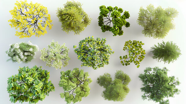 set of Laburnum anagyroides,Rhus typhina,Quercus robur Concordia trees rendered from the top view