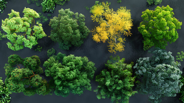 set of Laburnum anagyroides,Rhus typhina,Quercus robur Concordia trees rendered from the top view