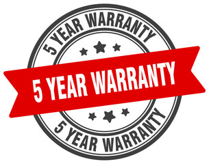 5 year warranty stamp. 5 year warranty label on transparent background. round sign