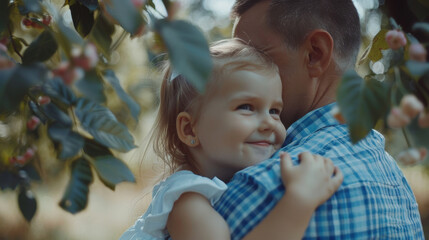 Obraz premium Tender Father-Daughter Moment Under Apple Tree in Summer