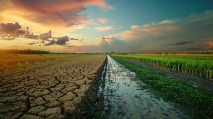 Fototapeta premium Water Scarcity and Agriculture: Illustrate water scarcity and agricultural impacts of climate change, with dried-up rivers, wilted crops, and farmers facing crop failures.