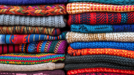 Stack of colorful, knitted sweaters in various patterns and textures, creating a cozy and vibrant display of handmade clothing.
