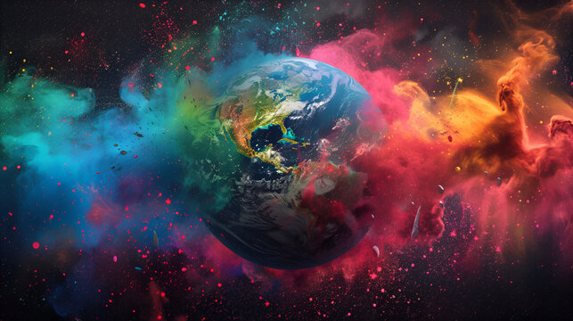  Earth day Globe sphere earth in colorful splash on a black background ai generative