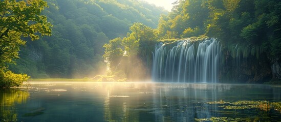 Misty Waterfall and Lake on a Sunny Day Generative AI