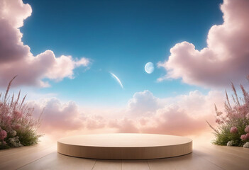 Natural beauty podium backdrop for product display with dreamy sky background. Romantic 3d scene