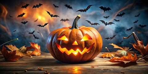 Spooky Halloween pumpkin surrounded by bats