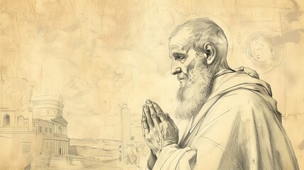 Fototapeta premium St. Simon the Apostle in Prayer in 1st-Century Church, Biblical Illustration, Beige Background, Copyspace