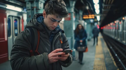 Obraz premium A candid shot of a handsome young man typing a message on his smartphone while waiting for the subway train to arrive. 