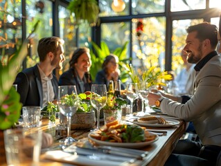 Professionals Networking Over Gourmet Lunch at Trendy Restaurant
