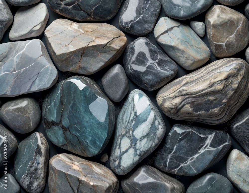 Poster a full frame of various polished pebbles in shades of gray and blue with unique textures.. ai genera