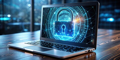 Holographic lock displayed on laptop screen for cybersecurity concept