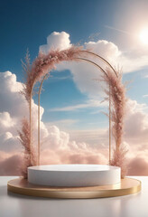 Natural beauty podium backdrop for product display with dreamy sky background. Romantic 3d scene