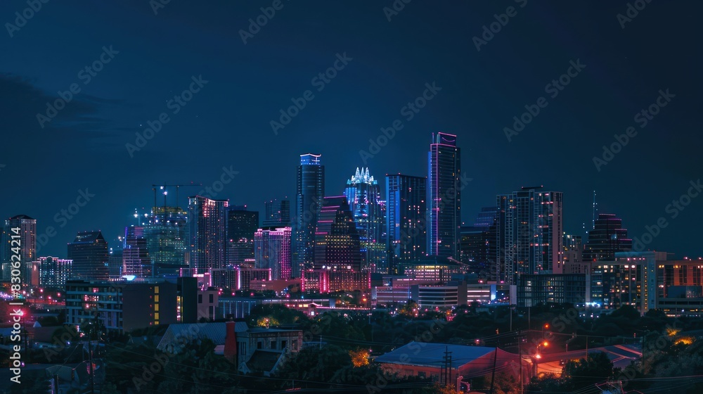 Poster a city skyline lit up in celebration of juneteenth with an empty sky for text insertion.