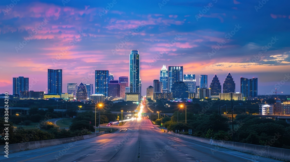 Poster a city skyline lit up in celebration of juneteenth with an empty sky for text insertion.