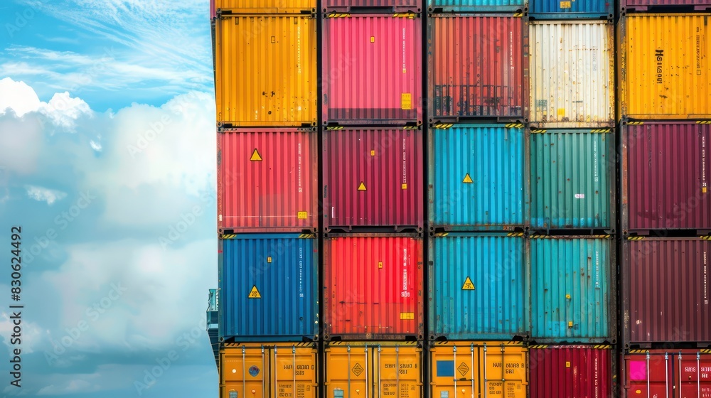 Wall mural A close-up of a container cargo freight ship's stern, with colorful containers neatly stacked on its deck, ready for transport.