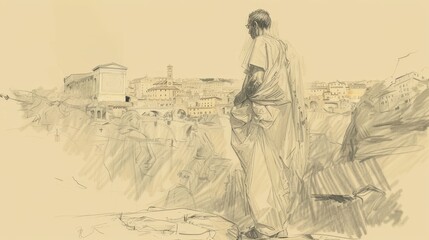 St. Lawrence of Rome in Martyrdom, Ancient Rome, Biblical Illustration, Beige Background, Copyspace