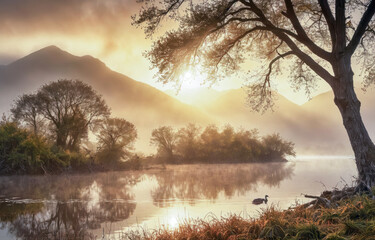 Beautiful autumn forest scene. Morning fog on lake, sunrise. Colorful morning view on foggy lake and mountains at sunrise time. Beauty of nature concept background