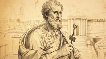 Fototapeta premium St. Peter the Apostle Holding Keys in 1st-Century Church, Biblical Illustration, Beige Background, Copyspace