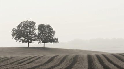 Fototapeta premium Tranquil Rural Scene of Trees on a Hilly Landscape in Black and White