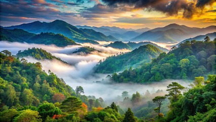 Foggy mountain valley with lush foliage