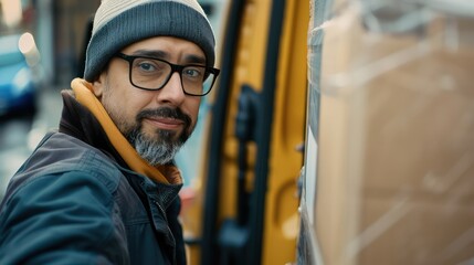 A close-up of a worker's face as they lift a heavy box into the van, showing determination and focus. 