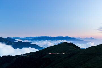 Taiwan Hehuanshan at sunset with sea of the cloud