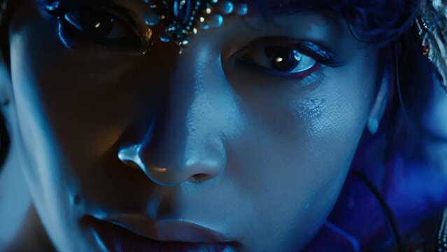 Closeup portrait A beautiful woman, in jewellery, decorated with soft blue light