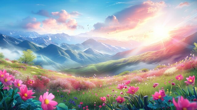 Serene Mountain Landscape With Vibrant Pink Flowers in a Lush Field