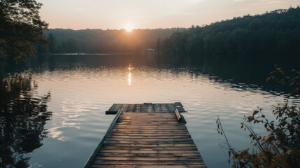 Fototapeta premium Serene Sunset Scene with Inviting Wooden Dock at a Lush Lake