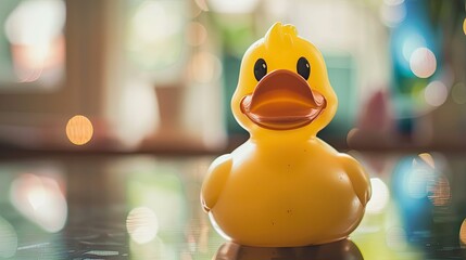 Yellow Rubber Drug sitting upright on black surface with orange details