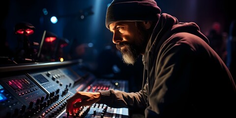 Sound engineer at work in a TV studio adjusting a digital mixer for a concert production. Concept Sound Engineering, TV Studio, Digital Mixer, Concert Production, Audio Adjustments