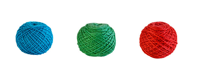 Bagels of colored balls of yarn on white isolated .background