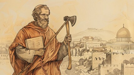 St. Matthias Holding Axe and Book in Ancient Jerusalem, Biblical Illustration, Beige Background, Copyspace