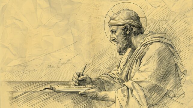 St. Luke the Evangelist Writing in 1st-Century Church, Biblical Illustration, Beige Background, Copyspace