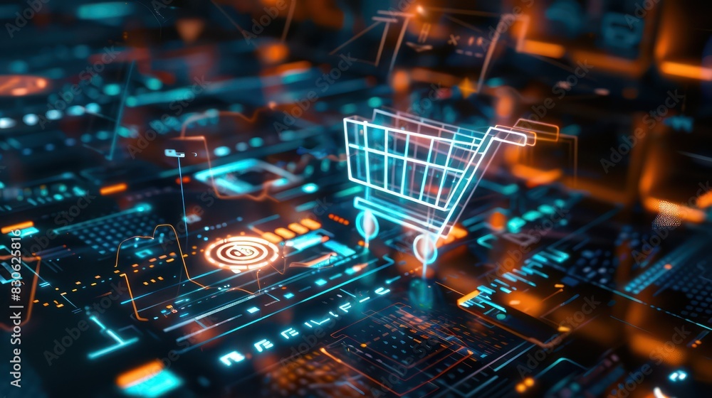 Poster a dynamic 3d render of a futuristic online shopping interface, with a glowing shopping cart icon fro