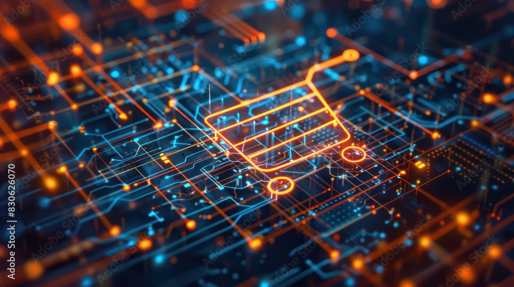 Poster a dynamic cgi background featuring a glowing shopping cart icon surrounded by digital circuitry and 