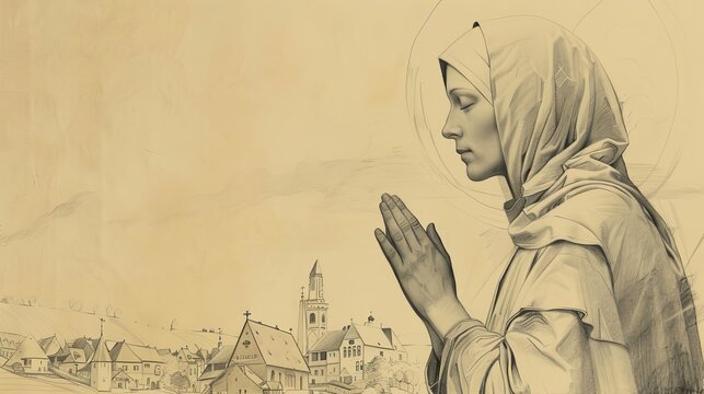 St. Ursula in Prayer in 4th-Century German Village, Biblical Illustration, Beige Background, Copyspace