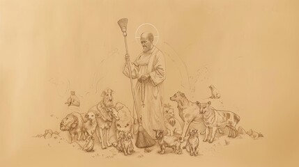 St. Martin de Porres with Broom and Animals, Symbolizing Humility, Biblical Illustration, Beige Background, Copyspace