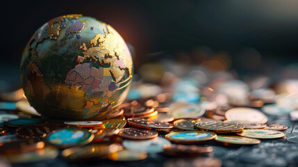 Global Economy Concept with World Map on a Globe and Various Currency Coins