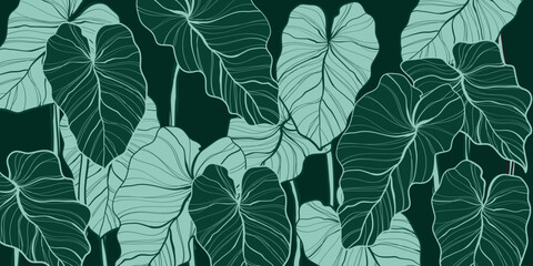 Nature leaves line art background patern vector. Floral pattern,  leaf Philodendron plant with monstera plant line arts, Vector illustration.