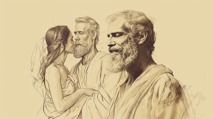 Fototapeta premium St. Valentine with Loving Couple Symbolizing Love and Marriage, Biblical Illustration, Beige Background, Copyspace