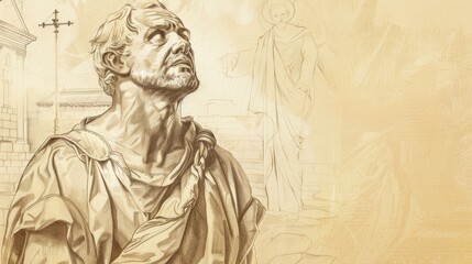 Fototapeta premium St. Stephen the Martyr in Martyrdom in 1st-Century Church, Biblical Illustration, Beige Background, Copyspace