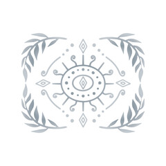 Hand drawn gray floral Damask motif isolated on white background. Abstract symmetric botanical decor.