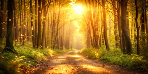 Obraz premium Sunlit Forest Path Blur: A warm, golden blurred background that captures the light filtering through a forest path, perfect for natural and serene themes. 