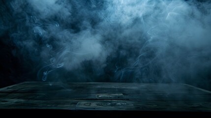 A dark and mysterious scene featuring a wooden table with swirling smoke, creating a dramatic and eerie atmosphere.