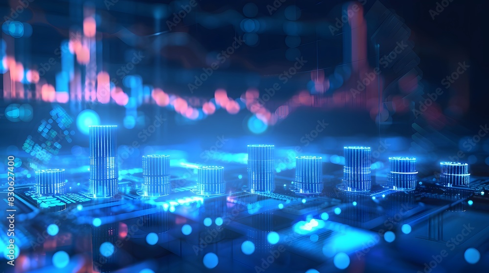 Poster stacks of digital coins in blue light with financial graphs and data charts in the background, repre