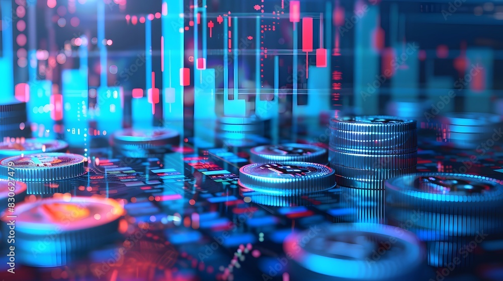 Poster stacks of digital coins in blue light with financial graphs and data charts in the background, repre