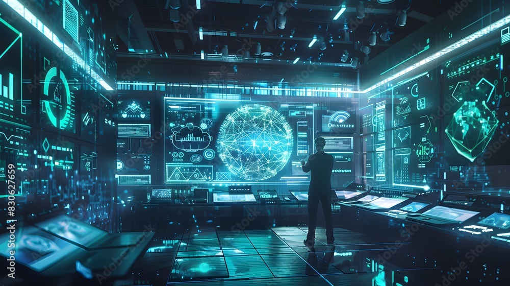 Poster a futuristic scene of a data analyst at a workstation with holographic screens and digital data, sym
